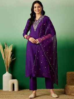 KVS FAB - Purple Roman Silk Floral Embroidered Kurta with Pant and Dupatta (Set of 3)