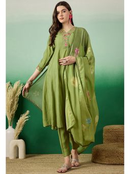 KVS FAB - Apple Green Floral Embroidered Kurta with Pant and Dupatta (Set of 3)