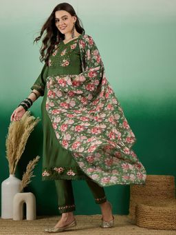 KVS FAB - Green Floral Thread Work with Lace Kurta with Pant and Dupatta (Set of 3)