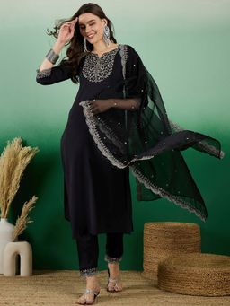 KVS FAB - Black Embroidered Kurta with Pant and Cut Work Dupatta (Set of 3)