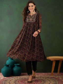 KVS FAB - Black Georgette Embroidered Floral Printed Kurta with Pant (Set of 2)