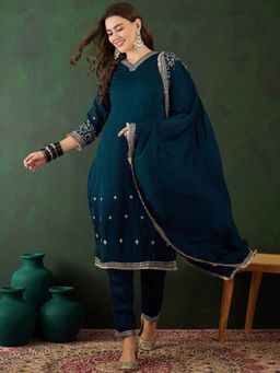 KVS FAB - Teal Blue Vichitra Zari Embroidered Kurta with Pant and Dupatta (Set of 3)