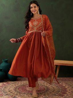 KVS FAB - Orange Bitaliyan Sequence Embroidered Anarkali Kurta with Pant and Dupatta (Set of 3)