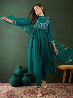 KVS FAB - Green Rama Embroidered Anarkali Kurta with Pant and Dupatta (Set of 3)