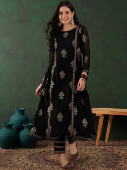 KVS FAB - Black Milky Georgette Foil Printed Kurta with Pant (Set of 2)