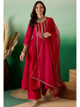 KVS FAB - Red Vichitra Zari Sequence Embroidered Kurta with Palazzo and Dupatta (Set of 3)