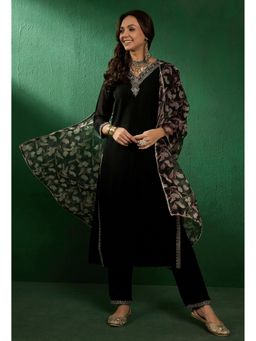 KVS FAB - Black Vichitra Embroidered Kurta with Trouser and Printed Dupatta (Set of 3)
