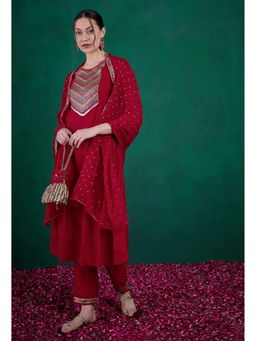 KVS FAB - Red Vichitra Zari Sequence Embroidered Kurta with Pant and Dupatta (Set of 3)