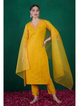 KVS FAB - Yellow Rubi Cotton Embroidered Kurta with Pant and Organza Dupatta (Set of 3)