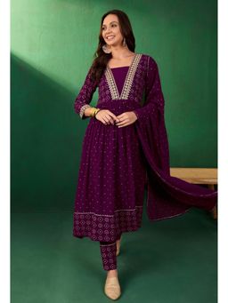 KVS FAB - Wine Pink Embroidered Printed Anarkali Kurta with Pants and Dupatta (Set of 3)