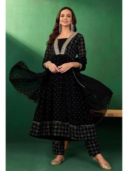KVS FAB - Black Pink Embroidered Printed Anarkali Kurta with Pants and Dupatta (Set of 3)