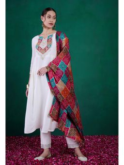KVS FAB - Off White Embroidered Kurta with Pant and Bandhej Dupatta (Set of 3)