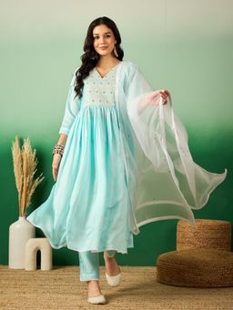 KVS FAB - Sky Blue Roman Silk Embroidered Laced Kurta with Pant and Organza Dupatta (Set of 3)