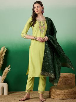 KVS FAB - Green Chanderi Zari Sequence Embroidered Kurta with Pant and Dupatta (Set of 3)