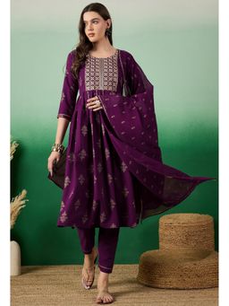 KVS FAB - Purple Rayon Printed Embroidered Naira Cut Kurta with Pant and Dupatta (Set of 3)