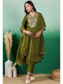 KVS FAB - Mehndi Green Zari Sequence Embroidered Kurta with Pant and Dupatta (Set of 3)