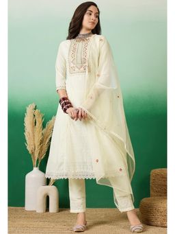 KVS FAB - Off White Cambric Cotton Embroidery A-Line Kurta with Pant and Dupatta (Set of 3)