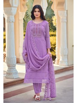 KVS FAB - Lavender Georgette Mirror Work Embroidered Kurta with Pant and Dupatta (Set of 3)