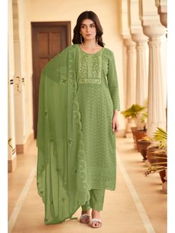 KVS FAB - Olive Green Georgette Schiffli Embroidered Kurta with Pant and Dupatta (Set of 3)