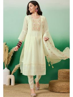 KVS FAB - Off White Georgette Schiffli Embroidered Kurta with Pant and Dupatta (Set of 3)