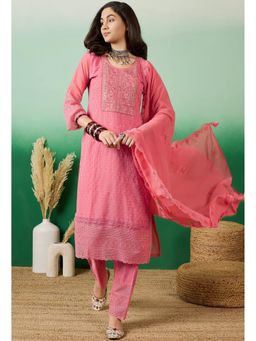 KVS FAB - Pink Georgette Schiffli Embroidered Kurta with Pant and Dupatta (Set of 3)
