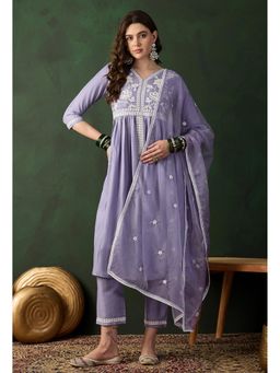 KVS FAB - Lavender Thread Embroidered Alia Cut Kurta with Pant and Dupatta (Set of 3)