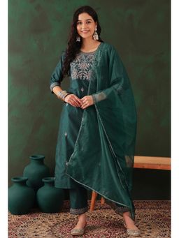 KVS FAB - Green Rama Chanderi Sequence Embroidered Kurta with Pant and Dupatta (Set of 3)