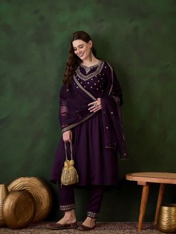KVS FAB - Purple Star Georgette Zari Sequence Embroidered Kurta with Pant and Dupatta (Set of 3)