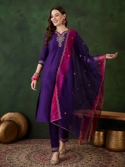 KVS FAB - Purple Embroidered Kurta with Pant and Shaded Organza Dupatta (Set of 3)