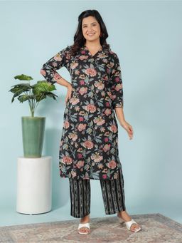 ARAMYA - Black Soft Cotton Straight Floral Print Kurta with Pant (Set of 2)