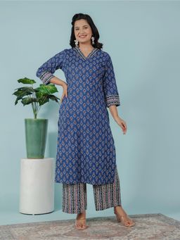 ARAMYA - Blue Soft Cotton Straight Geometric Print Kurta with Palazzo (Set of 2)
