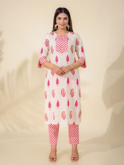 ARAMYA - Off White Soft Cotton Straight Floral Print Kurta with Pant (Set of 2)