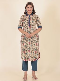 ARAMYA - Linen Cotton Pathani Floral Print Kurta with Pant (Set of 2)