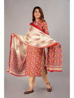 Biba - Red Cotton Unstitched Suit (Set of 3)