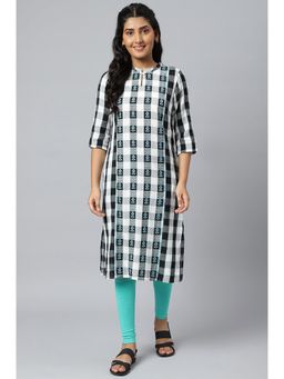 Aurelia - White Checker Mandarin Collar Print Kurta