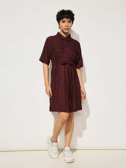 ONLY - Maroon Tie Belt Shirt Dress