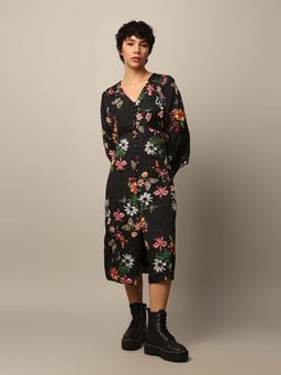 ONLY - Black Floral Jacquard Weave Midi Dress