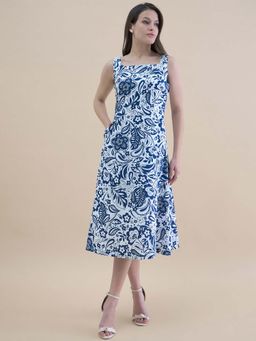 Powersutra - Blue-White floral printed square neck sleeveless fit & flare midi dress