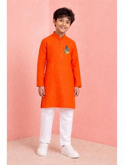 JBN Creation - Boy's Orange Cotton Ram Humuman Print Kurta Pyjama