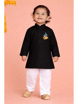 JBN Creation - Boy's Black Cotton Ram Humuman Print Kurta Pyjama