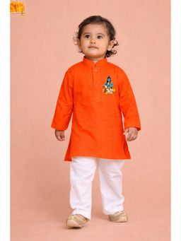 JBN Creation - Boy's Orange Cotton Ram Humuman Print Kurta Pyjama