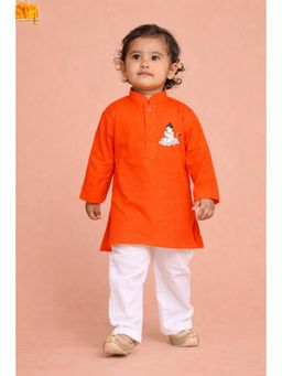 JBN Creation - Boy's Orange Cotton Baby Humuman Print Kurta Pyjama