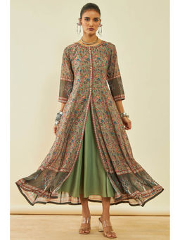 Soch - Green Georgette Floral Print Ankle-Length Flared Dress with Long Inner (Set of 2)