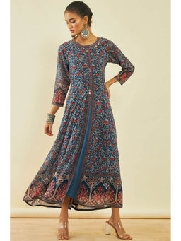 Soch - Blue Georgette Floral Print Ankle-Length Flared Dress with Long Inner (Set of 2)