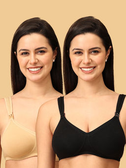 The Mom Store - Cotton ElastaneMaternity Bra Black And Beige (Pack of 2)