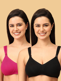 The Mom Store - Cotton ElastaneMaternity Bra Black And Fuchsia (Pack of 2)
