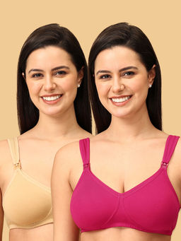 The Mom Store - Cotton ElastaneMaternity Bra Beige And Fuchsia (Pack of 2)