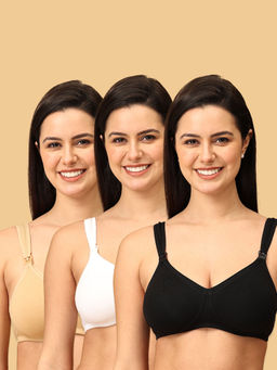 The Mom Store - Cotton ElastaneMaternity Bra Black, Beige And White (Pack of 3)