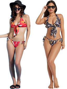 Secrets By ZeroKaata - Halter Printed Beach Wear Bikini Bra and Panty for Women (Pack of 2)