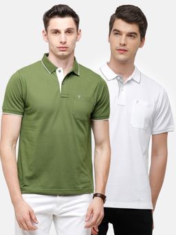 Classic Polo - Men Solid Green & White Cotton Blend Regular Fit Polo T-Shirts (Pack of 2)